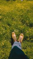 ai generativ Nahansicht von ein Paar von Schuhe auf ein Wiese von Gänseblümchen tätowieren auf das Bein tätowieren Natur und Menschen Konzept foto