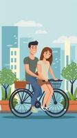 ai generativ Paar von jung Menschen sind Reiten auf das Fahrrad im das Stadt Center Lebensstil Konzept foto