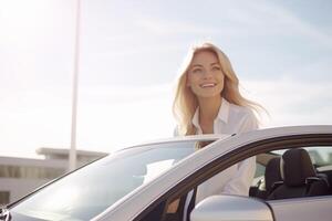 ai generiert glücklich jung blond Mädchen Fahren Weiß Auto Modell- sorglos Frau Ferien Tourismus Reise Ausflug modisch weiblich Wochenende Cabriolet Wind Bewegung Haar zuversichtlich Geschäftsfrau Dame Sonnenbrille foto