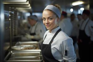 ai generiert Meister Koch Koch Frau Hände genau Kochen Dressing vorbereiten lecker frisch köstlich lecker Gourmet Gericht Essen auf Teller zu Kunden 5 Sterne Michelin Restaurant Küche detailliert foto