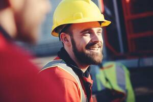 ai generiert glücklich lächelnd Lachen reifen kaukasisch männlich Mann Kerl hart arbeitend bärtig Spezialist Handwerker Arbeiter Schutz Helm Uniform Bauarbeiterhelm. Fachmann schwer Industrie Ingenieur Zusammenarbeit foto