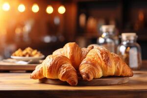 ai generiert klein gemütlich Cafe Kaffee Geschäft Bäckerei Abschluss bestellen Geschäft Innere sonnig Morgen Licht Barista bietet an billig heiß lecker Kakao Latté Cappuccino Americano Espresso Stangenbrot Brot Brötchen foto