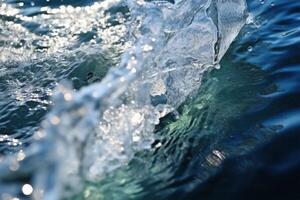 ai generiert schließen oben fallen fallen von klar Wasser mit Wellen Spritzen Reinheit Flüssigkeit Betrachtung transparent Makro Fotografie Einschlag Reinheit aqua Blase trinken Ökologie Natur Hintergrund Hygiene abstrakt foto