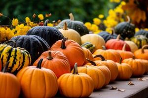 ai generiert Jahreszeit Herbst fallen Ernte Zeit Tradition Angebot Urlaub viele Vielfalt frisch Orange Kürbisse Halloween das Erntedankfest Garten Dekor Auswahl bunt Kürbisse verschwommen Hintergrund draußen foto