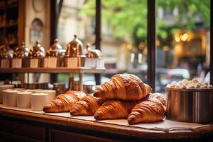 ai generiert klein gemütlich Cafe Kaffee Geschäft Bäckerei Abschluss bestellen Geschäft Innere sonnig Morgen Licht Barista bietet an billig heiß lecker Kakao Latté Cappuccino Americano Espresso Stangenbrot Brot Brötchen foto