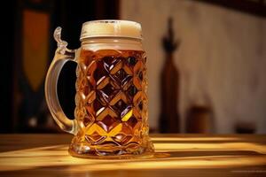 ai generiert kalt frisch Brillanz köstlich ohne Flasche Kunst Bier Schaum Becher Glas Fass Bier hölzern Tabelle Bar Kneipe. Brauerei Alkohol nicht alkoholisch trinken Party Degustation Urlaub Oktoberfest München foto