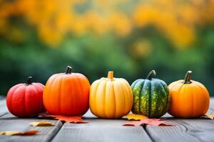 ai generiert Jahreszeit Herbst fallen Ernte Zeit Tradition Angebot Urlaub viele Vielfalt frisch Orange Kürbisse Halloween das Erntedankfest Garten Dekor Auswahl bunt Kürbisse verschwommen Hintergrund draußen foto