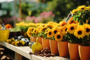 ai generiert Töpfe Schaufel Gartenarbeit Werkzeuge Blumen Pflanzen graben Hobby Natur wachsend pflegen draußen Gartenbau Ausrüstung Flora Botanik Garten Grün Boden Blumenbeet Sonnenblume Frühling Sommer- Jahreszeit foto