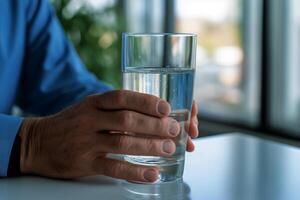 ai generiert alt Mensch Hände schließen oben Großvater halten Glas von Mineral Wasser Mann Trinken frisch klar Gesundheit rein erfrischend Wohlbefinden durstig Entgiftung aqua Hydrat Zuhause Natur Flüssigkeit Pflege Alten foto