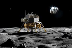 ai generiert Mond- Raumfahrzeug auf Mond Erkundung indisch chandrayaan-3 starten schweben dunkel Seite von Mond Raum Entdeckung Kosmos Orbit Raumschiff Rakete starten Astronomie Satellit Erde Orbit Planet foto