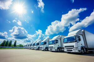 ai generiert logistisch Center Ladung Lastwagen Transport Versand LKW Lieferung Fracht Sattelzug Straße Träger Warenhaus Lager Fahrzeug Belastung Sendung Lieferung Container van schnell Transport foto