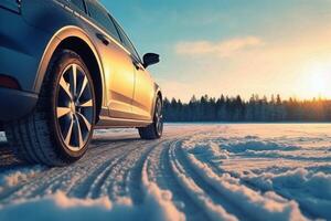 ai generiert Winter Reifen bedeckt im Schnee schneebedeckt Straße Eis eisig Auto Rad Fahrt Sicherheit sicher Fahren Transport Bedingung Veränderung Fahrzeug Auto rutschig Achtung Frost Schutz Klima gefährlich Offroad foto