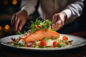 ai generiert Meister Koch Koch Mann Hände genau Kochen Dressing vorbereiten lecker frisch köstlich lecker Gourmet Gericht Essen auf Teller zu Kunden 5 Sterne Michelin Restaurant Küche Nahansicht foto