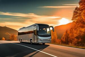 ai generiert touristisch Trainer Bus auf Autobahn Straße Intercity regional inländisch Transport Fahren städtisch modern Tour Reisen Reise Reise Reiten ziehen um Transport Konzept Öffentlichkeit komfortabel foto