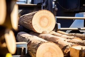 ai generiert viele Birke Fichte verstreut Brennholz groß Stapel Protokolle Bäume Wald gehackt. Transport Baum Kofferraum Holz Industrie Bauholz Sägen Maschine Schneiden Protokollierung automatisch Sägewerk Produktion foto