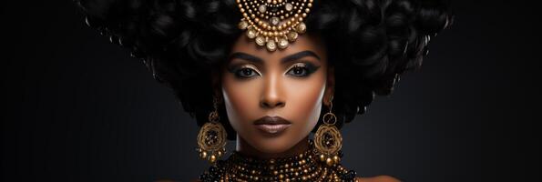 ai generiert Banner atemberaubend Modell- im golden Schmuck, traditionell afrikanisch Stil, und elegant bilden. foto