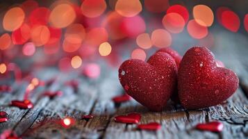 ai generiert romantisch rot funkeln Herzen auf hölzern Hintergrund mit Bokeh Beleuchtung, perfekt zum Valentinstag Tag Karten, Hochzeit Einladungen, und Liebesthema Hintergründe. foto