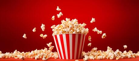 ai generiert Banner beschwingt rot gestreift Popcorn Eimer mit explodiert Kernel auf rot Hintergrund, perfekt zum Kino Snack Werbeaktionen. foto