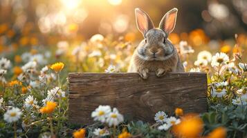 ai generiert süß Hase auf hölzern Zeichen unter Frühling Gänseblümchen beim Sonnenuntergang, perfekt zum Ostern oder Haustier Themen. foto