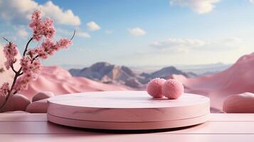 ai generiert elegant Rosa Podium mit Kirsche Blüten zum Produkt Anzeige auf ein verträumt Wüste Hintergrund. foto