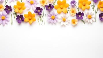 ai generiert bunt Blumen- Copyspace Banner, lila und Gelb Blumen, Ideal zum Frühling Aktionen und Design Elemente. foto