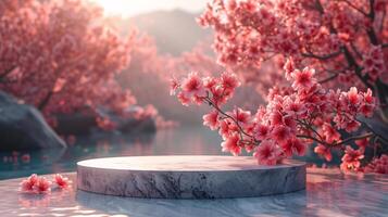 ai generiert Marmor Podium zum Frühling Produkt Anzeige umgeben durch heiter Kirsche Blüten auf Ruhe Wasser foto