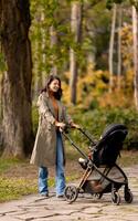 jung Frau mit süß Baby Mädchen im Baby Kinderwagen beim das Herbst Park foto