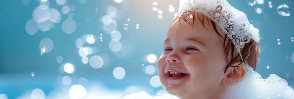 ai generiert fröhlich Baby im Seife Wasser, spielerisch Bad Zeit, Säugling Freude mit Blasen, Kinder heiter Hygiene Moment foto