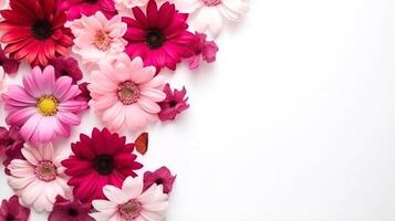 ai generiert schön Blumen- Banner mit Exemplar, mit ein Gradient von Rosa zu rot Blumen auf ein sauber Weiß Hintergrund. foto