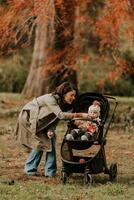 jung Frau mit süß Baby Mädchen im Baby Kinderwagen beim das Herbst Park foto