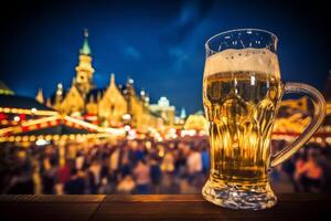 ai generiert kalt frisch Kunst Bier Oktoberfest München Brillanz köstlich ohne Flasche Schaum Becher Glas Fass Bier hölzern Tabelle Bar Kneipe. Brauerei Alkohol nicht alkoholisch trinken Party Degustation Urlaub foto