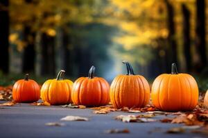 ai generiert Jahreszeit Herbst fallen Ernte Zeit Tradition Angebot Urlaub viele Vielfalt frisch Orange Kürbisse Halloween das Erntedankfest Garten Dekor Auswahl bunt Kürbisse verschwommen Hintergrund draußen foto