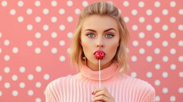 ai generiert Porträt von ein schön Mädchen halten ein Lutscher isoliert auf ein Rosa Hintergrund. Mädchen Stift oben mit öffnen Mund. blond Modell- beim retro Mode und Jahrgang Konzept. foto