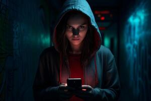 ai generiert weiblich Hacker hacken von Telefon mit generativ ai foto