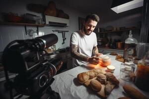 ai generiert ein Mann nehmen Video von Herstellung Brot mit generativ ai foto