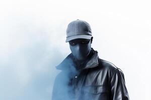 ai generiert Mann tragen ein Gas Maske Stehen um Rauch mit generativ ai foto