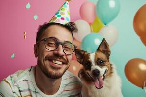 ai generiert ein Mann feiern seine Hund Geburtstag mit generativ ai foto