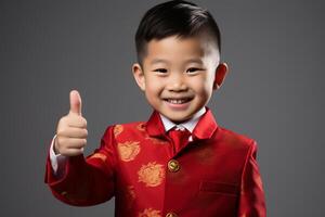 ai generiert Chinesisch Neu Jahr jung Junge Daumen oben und Lächeln mit generativ ai foto