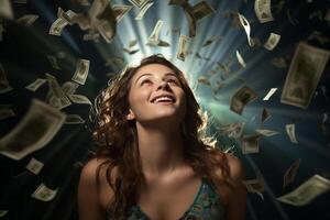 ai generiert ein glücklich Frau mit Geld fliegend im das Luft mit generativ ai foto