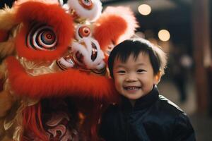 ai generiert Chinesisch Drachen tanzen mit jung Junge Kind Bokeh Stil Hintergrund mit generativ ai foto