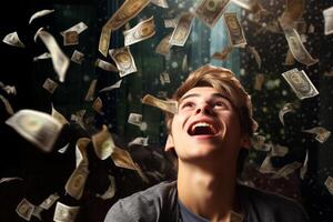 ai generiert ein glücklich Mann mit Geld fliegend im das Luft mit generativ ai foto