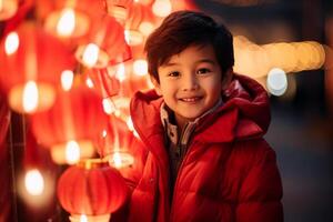 ai generiert Chinesisch jung Junge Kind feiern beim Chinesisch Laterne Festival Bokeh Stil Hintergrund mit generativ ai foto