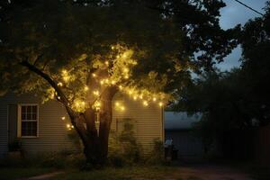 ai generiert ein Zeichenfolge von Beleuchtung hängend auf das Baum Bokeh Stil Hintergrund mit generativ ai foto