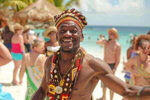 ai generiert afrikanisch Mann im das traditionell Kleider Tanzen auf das Strand Bokeh Stil Hintergrund mit generativ ai foto