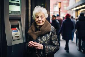 ai generiert ein alt Frau mit ein Geldautomat Maschine Bokeh Stil Hintergrund mit generativ ai foto