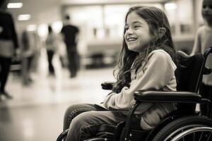 ai generiert jung deaktiviert Mädchen Sitzung auf Rollstuhl beim Schule lächelnd Bokeh Stil Hintergrund mit generativ ai foto