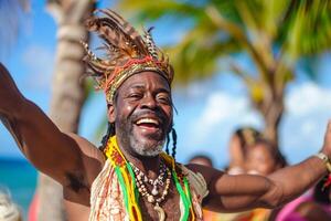 ai generiert afrikanisch Mann im das traditionell Kleider Tanzen auf das Strand Bokeh Stil Hintergrund mit generativ ai foto