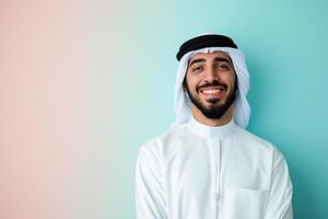 ai generiert gut aussehend arabisch Muslim Mann tragen Weiß Kandura mit generativ ai foto