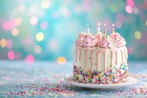 ai generiert Pastell- Geburtstag Kuchen Bokeh Stil Hintergrund mit generativ ai foto