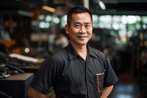 ai generiert asiatisch Auto Mechaniker lächelnd im Garage Bokeh Stil Hintergrund mit generiert ai foto